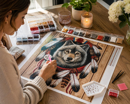 Working on the wolf dreamcatcher kit at a wooden craft table with drills, tweezers, and hydrangeas | Azurra Shop