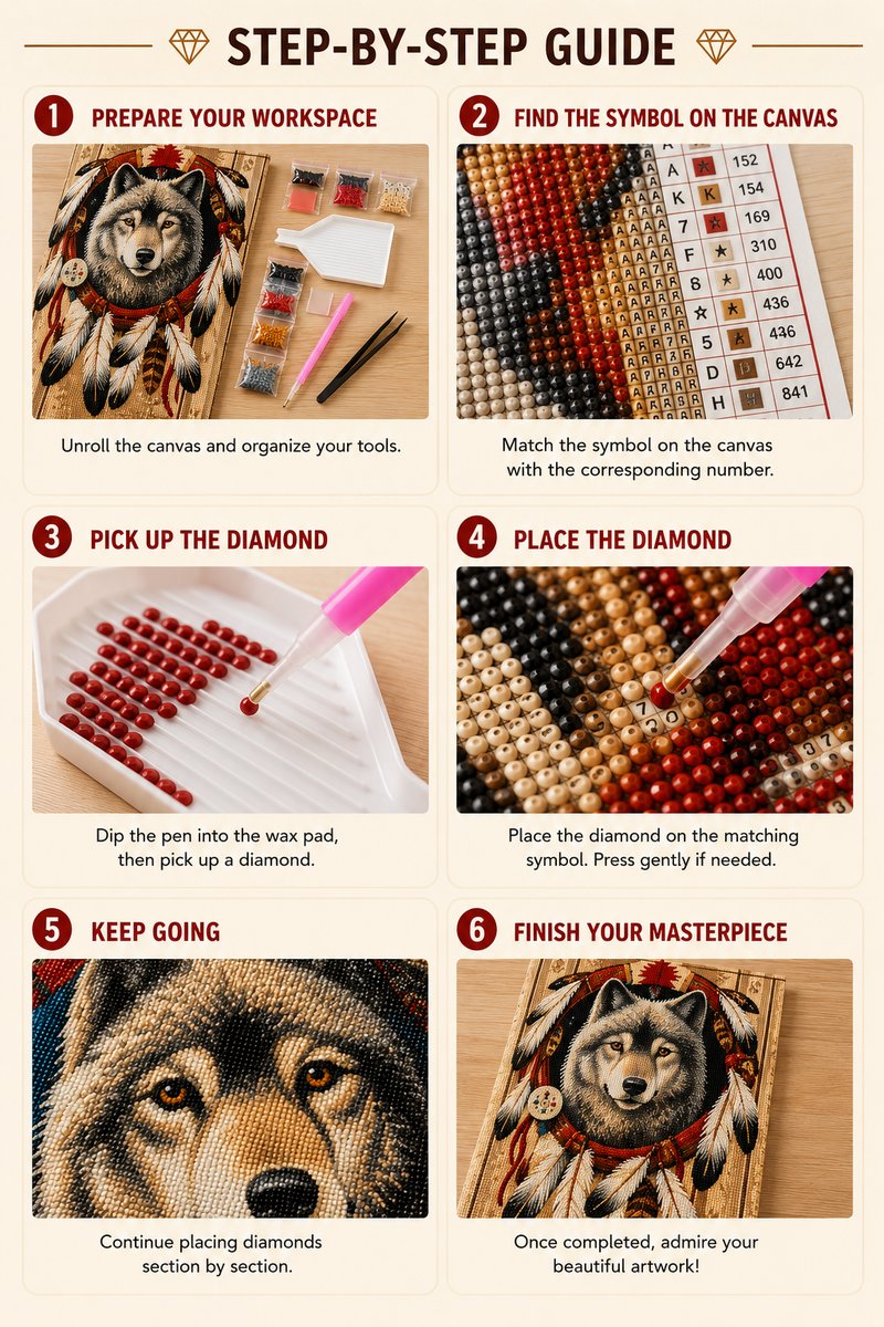 Six step guide showing how to complete the wolf dreamcatcher diamond painting | Azurra Shop
