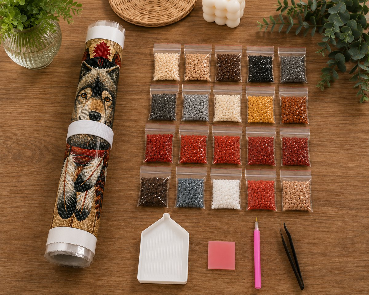 Rolled canvas and supplies for the wolf dreamcatcher kit, including drill packets, applicator pen, tray, and wax pad | Azurra Shop