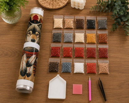 Rolled canvas and supplies for the wolf dreamcatcher kit, including drill packets, applicator pen, tray, and wax pad | Azurra Shop