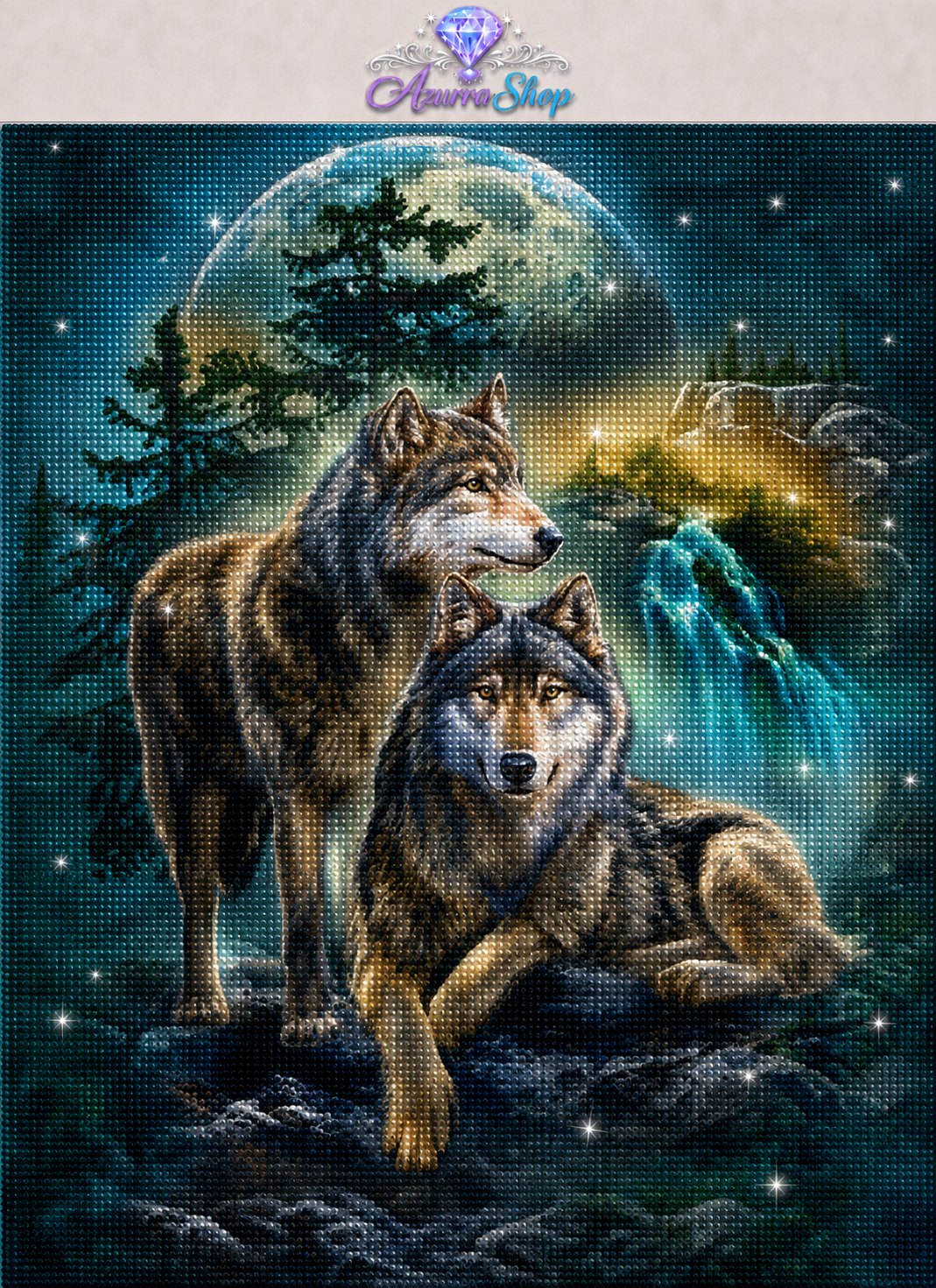Wolf Pair Moonlit Waterfall Diamond Painting Kit