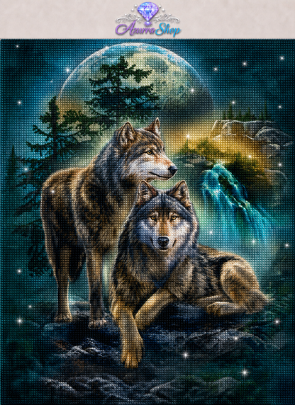 Wolf Pair Moonlit Waterfall Diamond Painting Kit