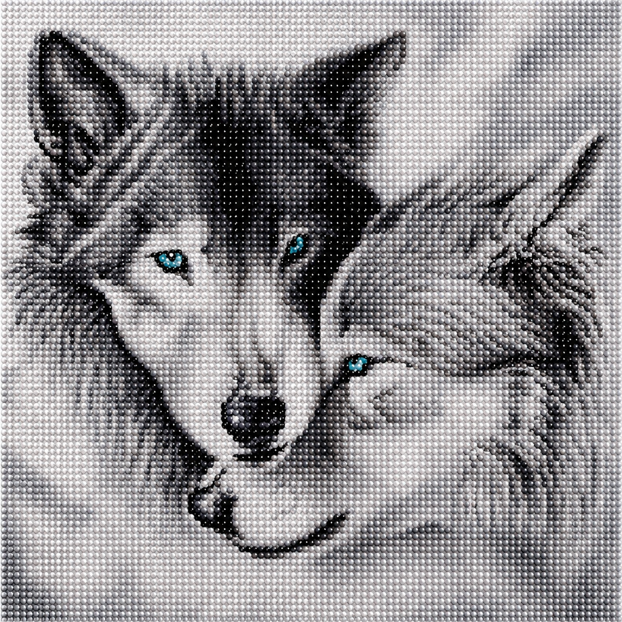 Wolves hugging diamond painting kit close-up – two wolves nuzzling face to face in black and white with striking teal blue eyes, soft grey tones, sparkling full drill 5D resin diamond texture — Azurra Shop
