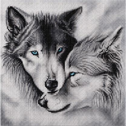 Wolves hugging diamond painting kit close-up – two wolves nuzzling face to face in black and white with striking teal blue eyes, soft grey tones, sparkling full drill 5D resin diamond texture — Azurra Shop
