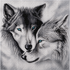 Wolves hugging diamond painting kit close-up – two wolves nuzzling face to face in black and white with striking teal blue eyes, soft grey tones, sparkling full drill 5D resin diamond texture — Azurra Shop
