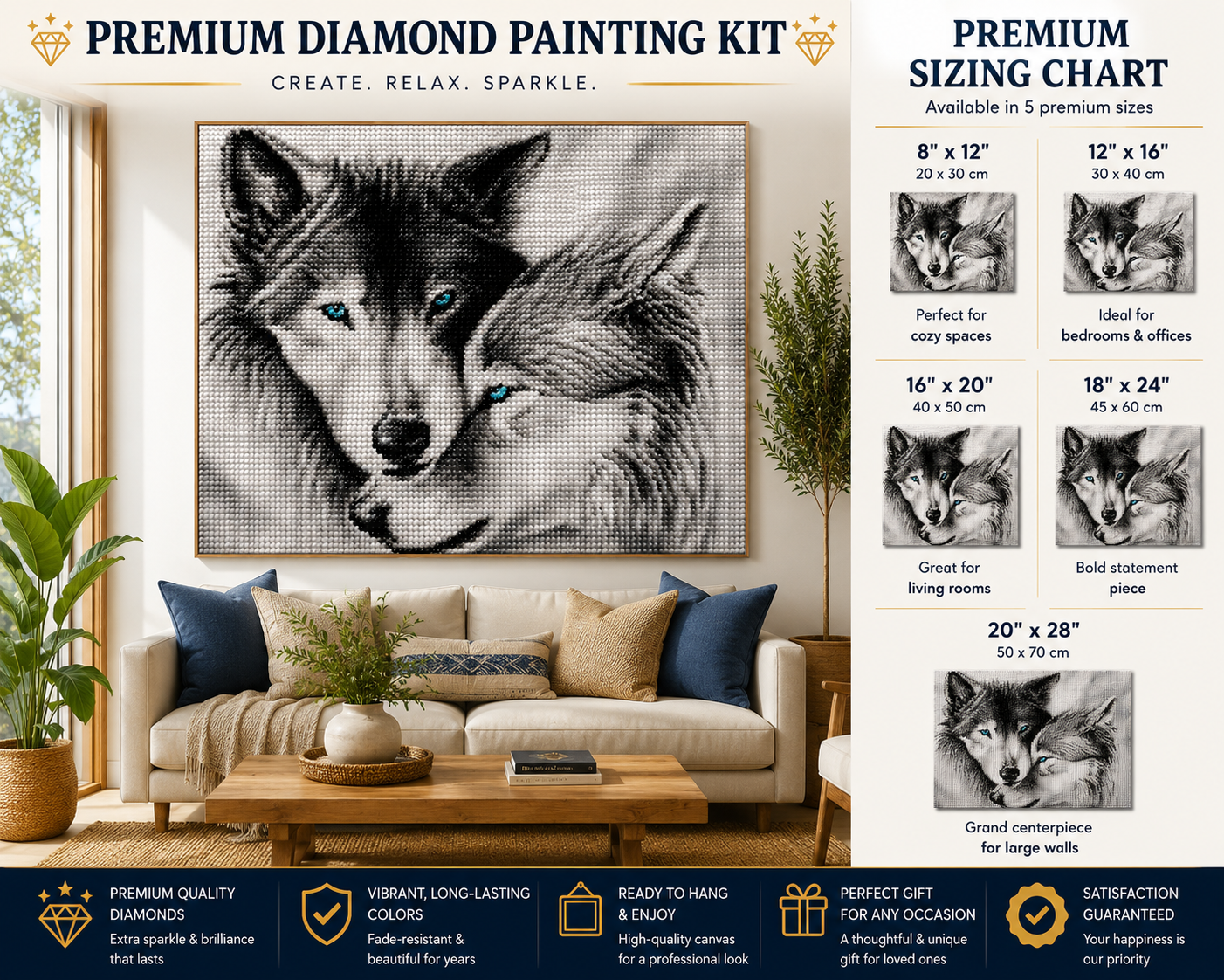 Wolves hugging diamond painting kit size chart – 5 sizes from 8" x 12" to 20" x 28", framed black and white wolf pair art on living room wall, premium quality diamonds — Azurra Shop

