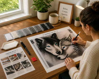 Woman creating wolves hugging diamond painting kit at bright desk with sorted black, white and grey diamond drills, applicator pen, wax pad, tray and step-by-step guide — Azurra Shop
