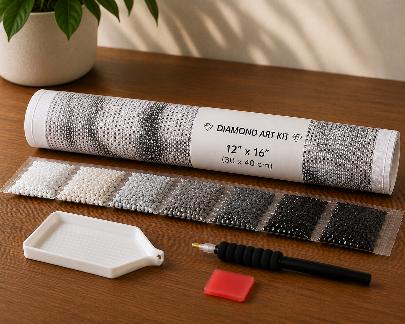 Wolf pairs diamond painting kit supplies – 12" x 16" canvas tube with sorted black, white and grey diamond drill packets, applicator pen, wax pad and tray on wooden surface — Azurra Shop
