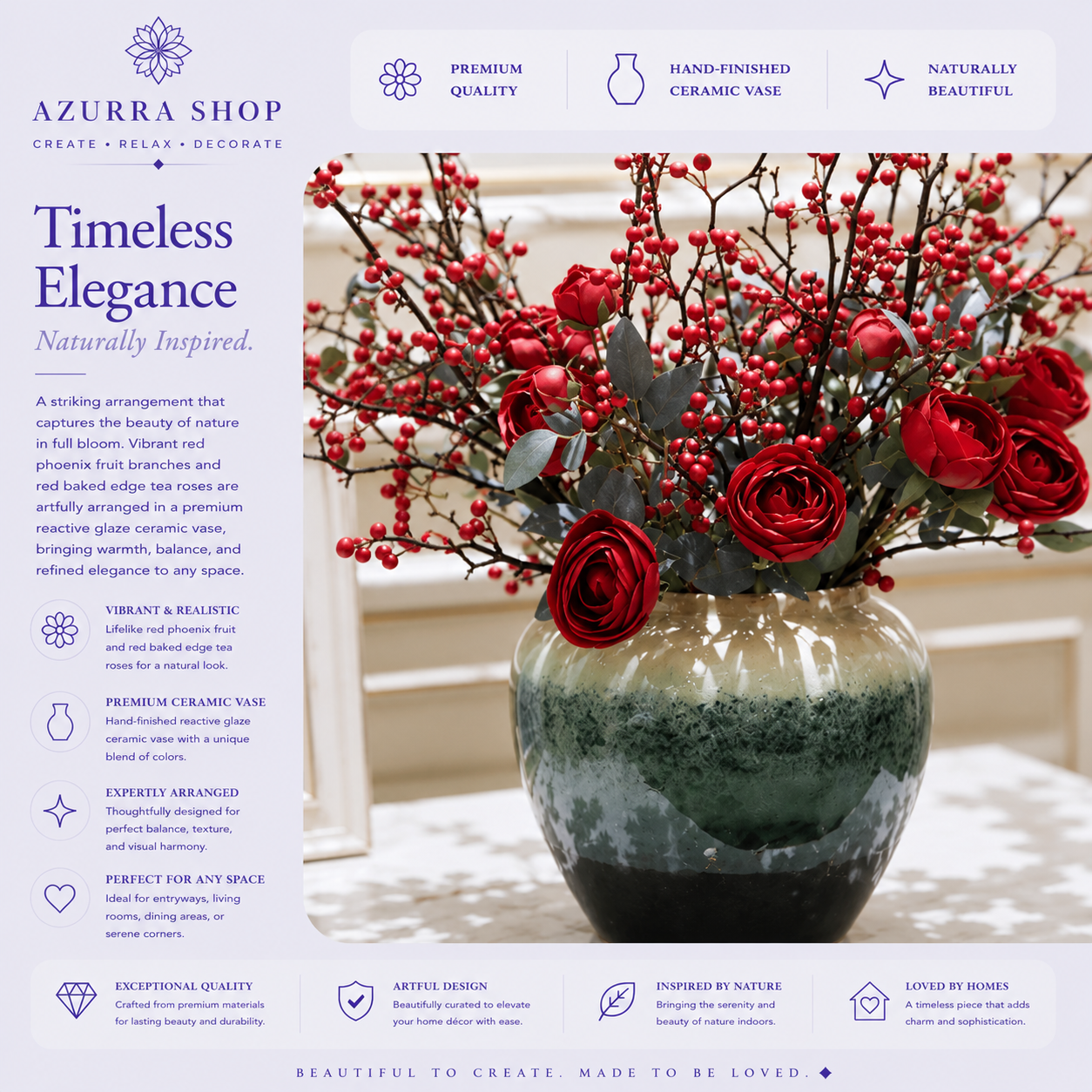 Close-up of red phoenix fruit berry branches and crimson baked edge tea roses in reactive glaze ceramic vase — Azurra Shop
