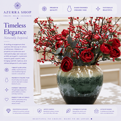 Close-up of red phoenix fruit berry branches and crimson baked edge tea roses in reactive glaze ceramic vase — Azurra Shop
