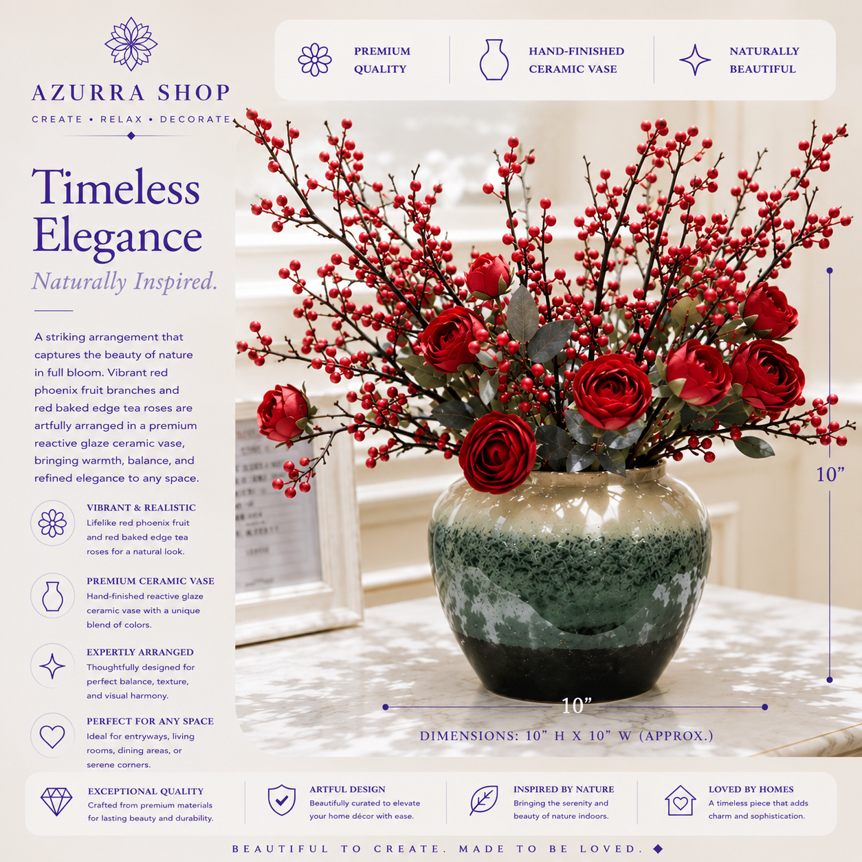 Red phoenix fruit and tea rose ceramic vase dimensions 10" H x 10" W with reactive glaze finish — Azurra Shop
