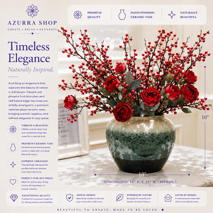 Red phoenix fruit and tea rose ceramic vase dimensions 10" H x 10" W with reactive glaze finish — Azurra Shop
