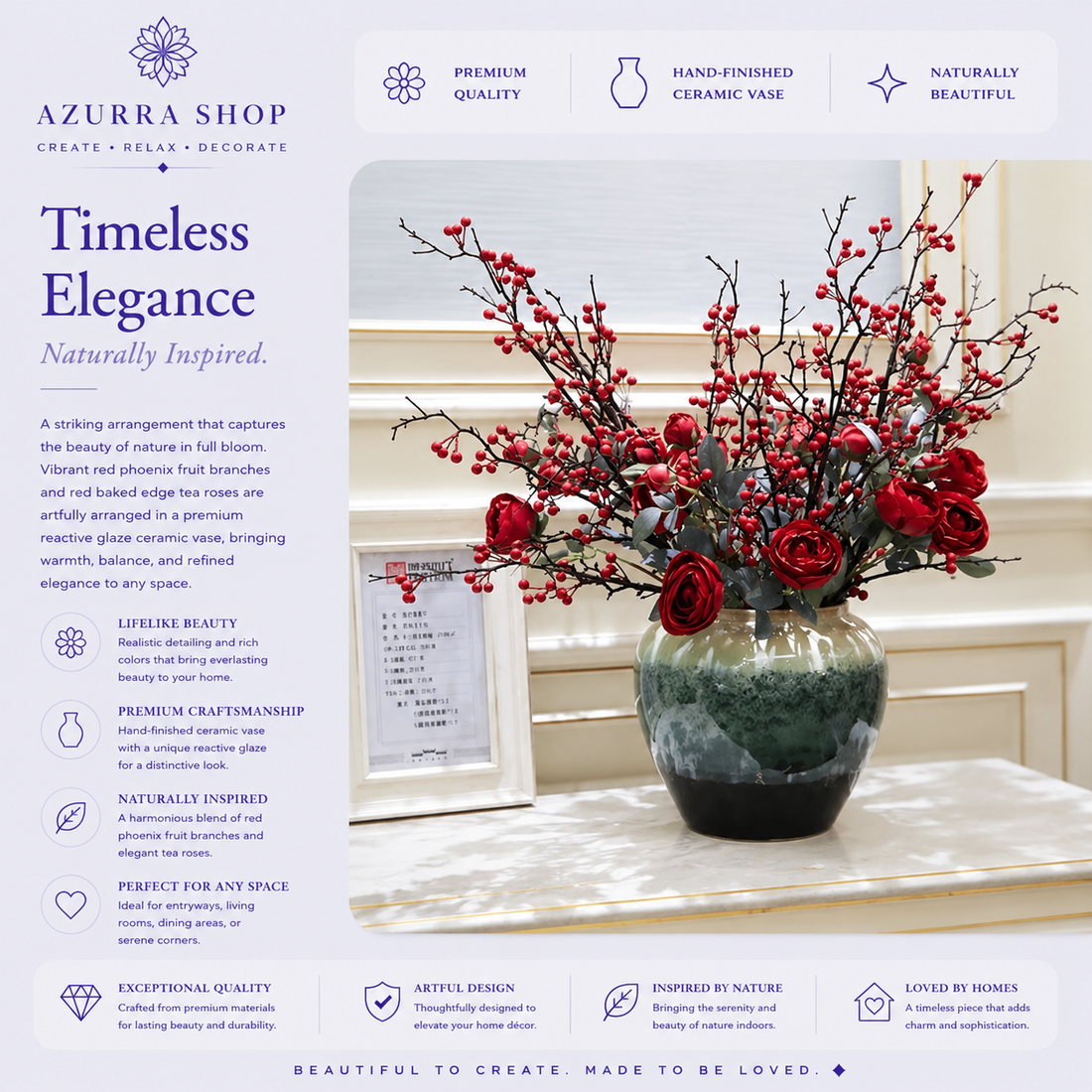 Red phoenix fruit branches and tea roses in reactive glaze cream to teal ceramic vase on marble console — Azurra Shop