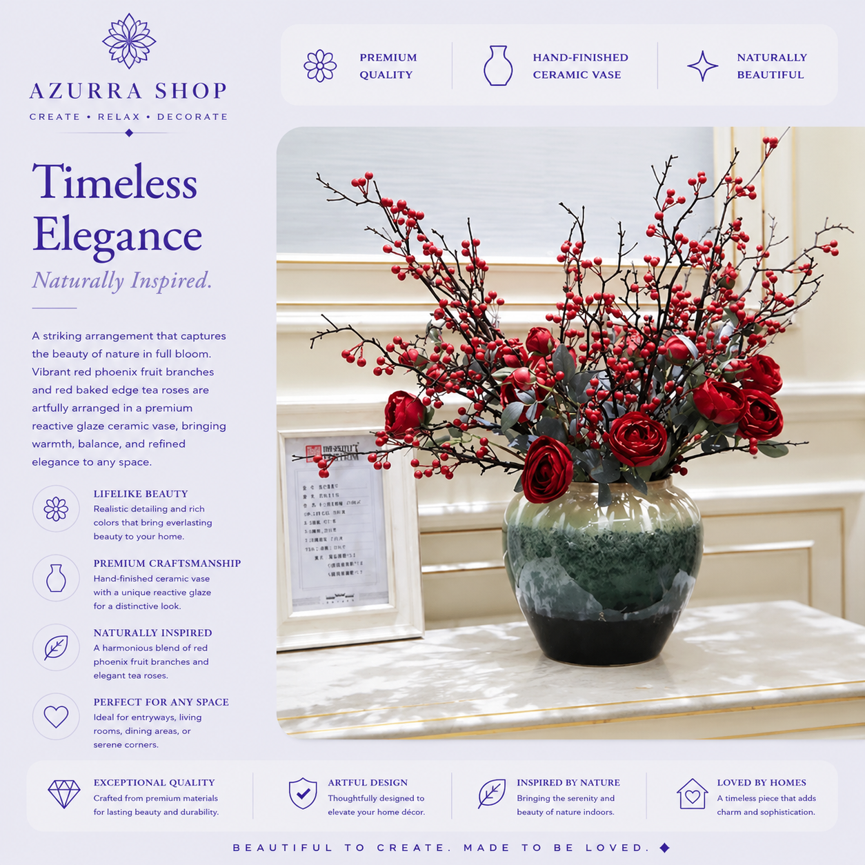 Red phoenix fruit branches and tea roses in reactive glaze cream to teal ceramic vase on marble console — Azurra Shop
