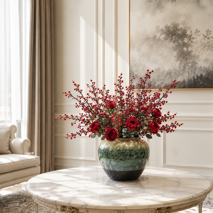 Red phoenix fruit and tea rose ceramic vase on marble round table in elegant cream living room with landscape artwork — Azurra Shop
