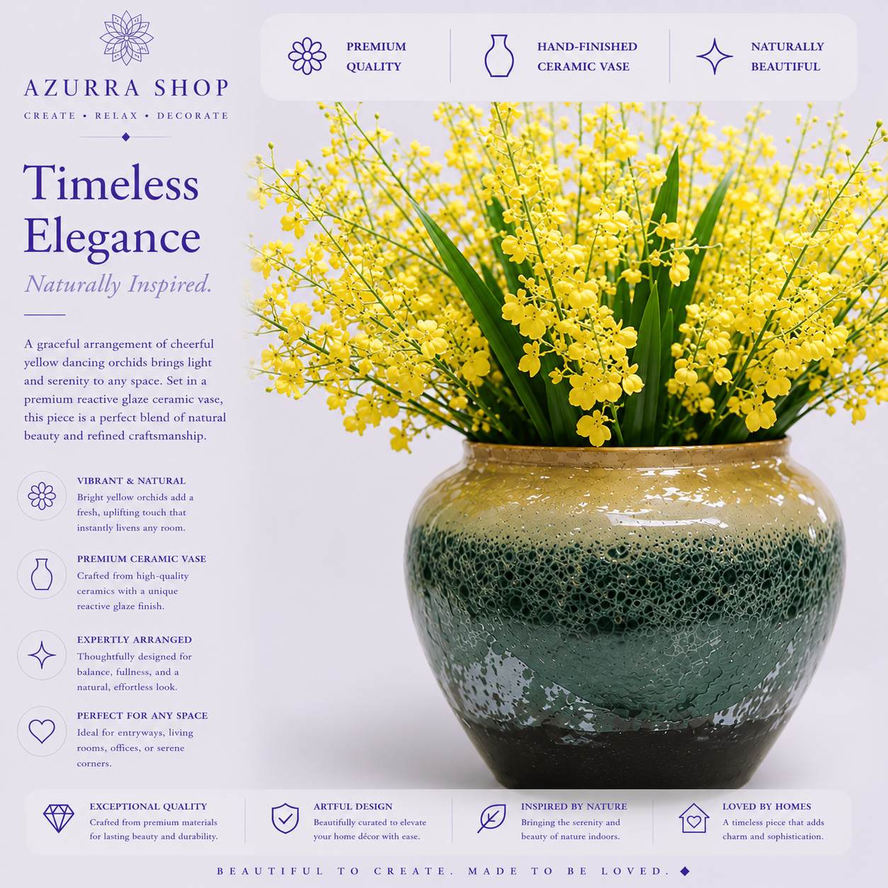 Close-up of yellow Oncidium dancing orchid blooms and green iris leaves in hand-finished reactive glaze ceramic vase — Azurra Shop
