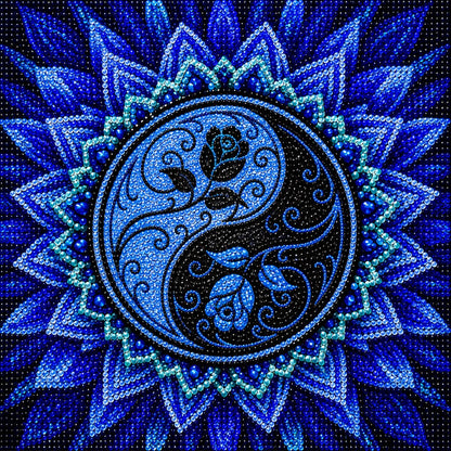 Finished blue yin yang lotus mandala diamond painting with a rose and scrollwork yin yang symbol inside blue starburst petals | Azurra Shop
