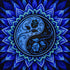 Finished blue yin yang lotus mandala diamond painting with a rose and scrollwork yin yang symbol inside blue starburst petals | Azurra Shop