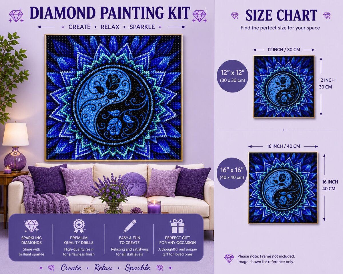 Blue yin yang lotus mandala diamond painting framed on a wall, available in a 12 by 12 and 16 by 16 inch size | Azurra Shop