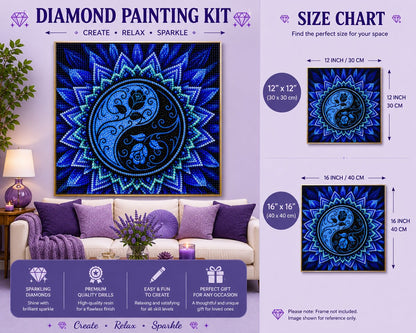 Blue yin yang lotus mandala diamond painting framed on a wall, available in a 12 by 12 and 16 by 16 inch size | Azurra Shop