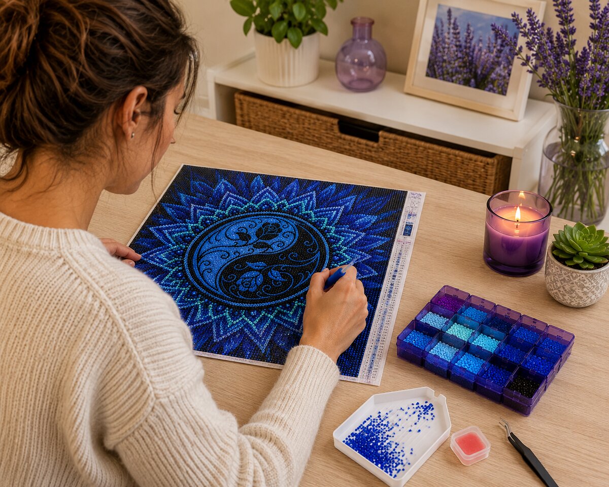 Woman placing diamonds on the blue yin yang lotus mandala canvas at a desk with lavender and a candle | Azurra Shop