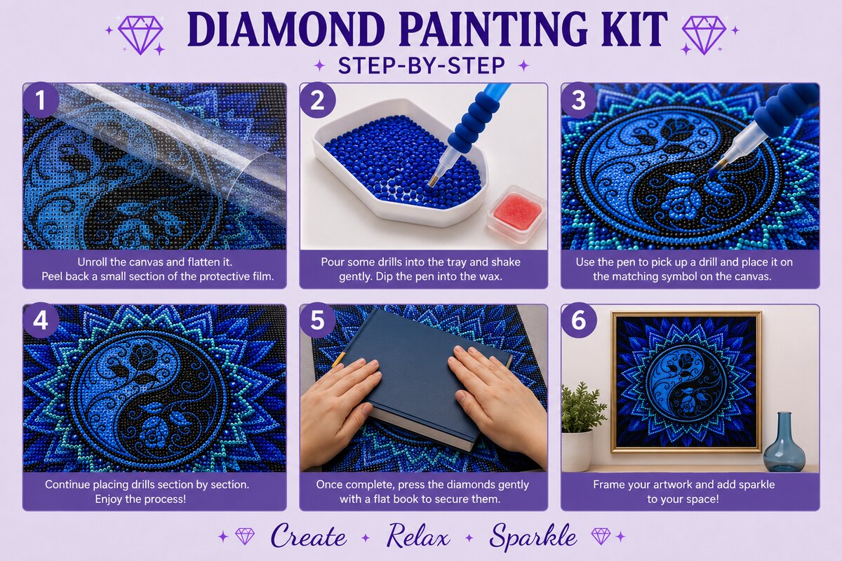 Six step instructions for completing a diamond painting kit from unrolling the canvas to framing and display | Azurra Shop