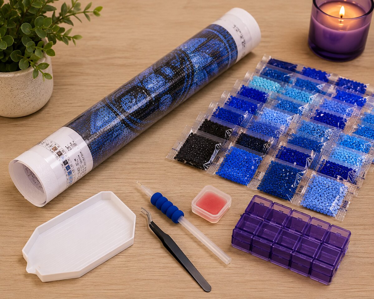 Diamond painting kit supplies including rolled canvas, sorted diamond bags, applicator pen, and tray | Azurra Shop